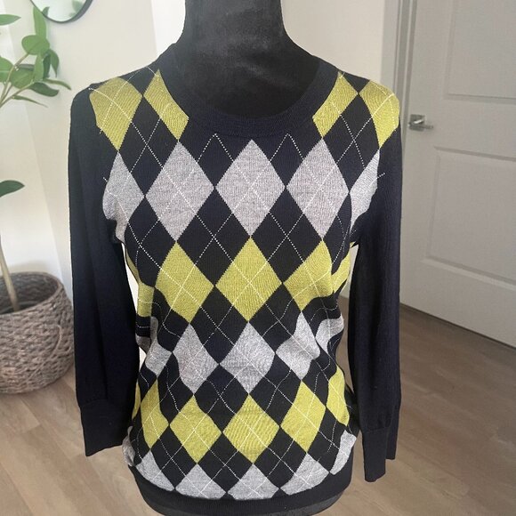 J CREW 100% Merino Wool Argyle Crew Neck Sweater Academia Preppy Schoolgirl Sz M - Picture 1 of 6